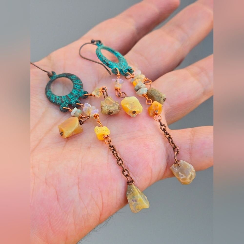 Spellbinding Ethiopian Welo Yellow Opal In Verdigris Blue Patina Copper Earrings - Picture 6 of 9